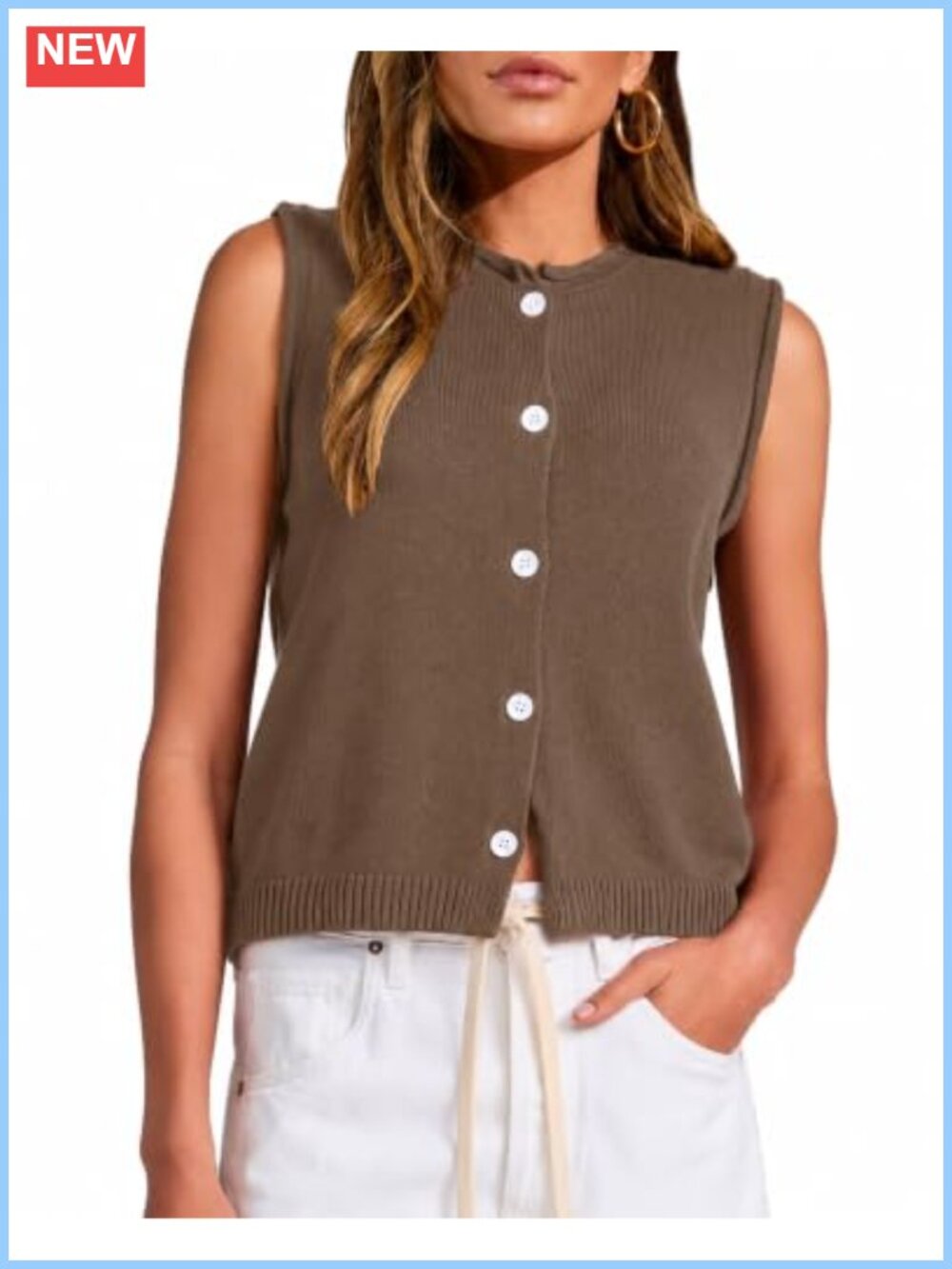 Sleeveless Ribbed Knit Sweater Vest Button Up Loose Fit Lightweight Summer